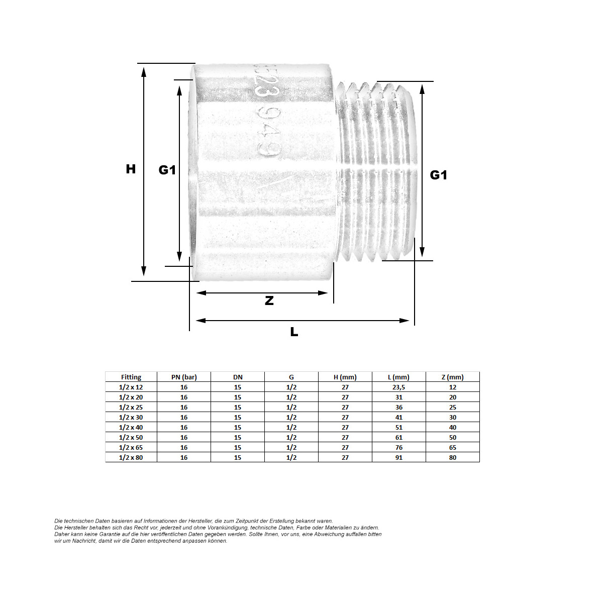 Messing Hahnverlängerung 1/2 Zoll x 20 mm, 2,13