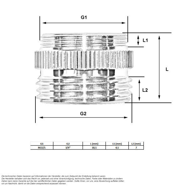 Chrom-Übergangsstück verchromt M24/1 AG x 3/4 AG, 2,51