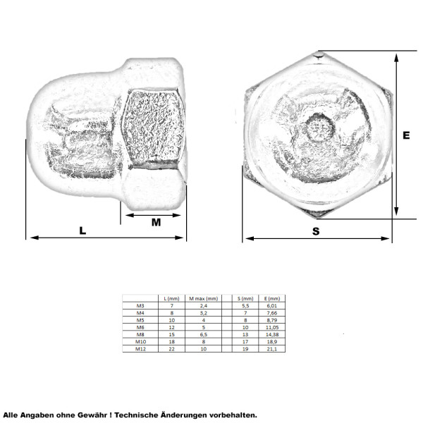 Hutmuttern (hohe Form) - M8 - (25 Stück) - DIN 1587 - Sechskant-Hutmuttern  - Edelstahl A2 (V2A) - SC1587